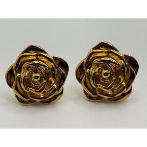 Vintage Yves Saint Laurent YSL France Rose Flower Gold Tone Clip On Earrings
